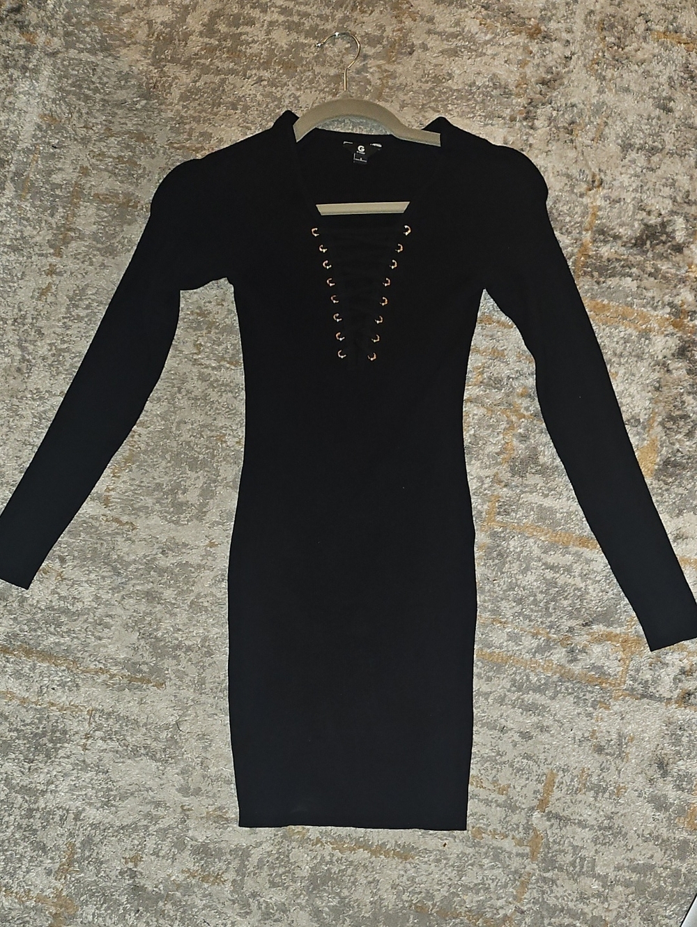 🟢 Guess Long Sleeve Black Lace-Up Bodycon Dress Size Small